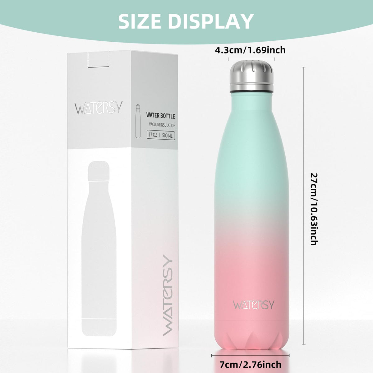 Stainless Steel Insulated Water Bottle, WATERSY Double Walled Metal Vacuum Flask Keep 24 Hrs Cold & 12 Hrs Hot Thermal Metal Sports Bottles 500ml BPA Free for Outdoor, Work, Gym, School (Black)