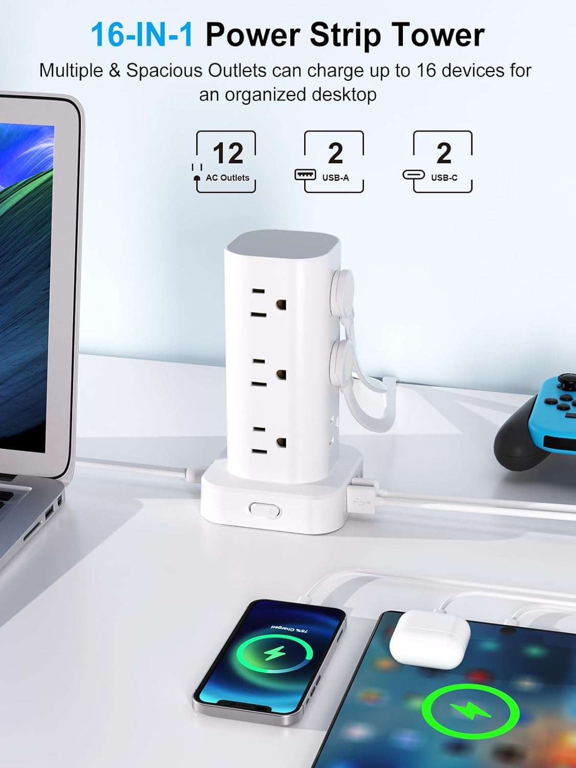 6FT Power Strip Tower with Wireless Charger,Surge Protector with 12 Outlets