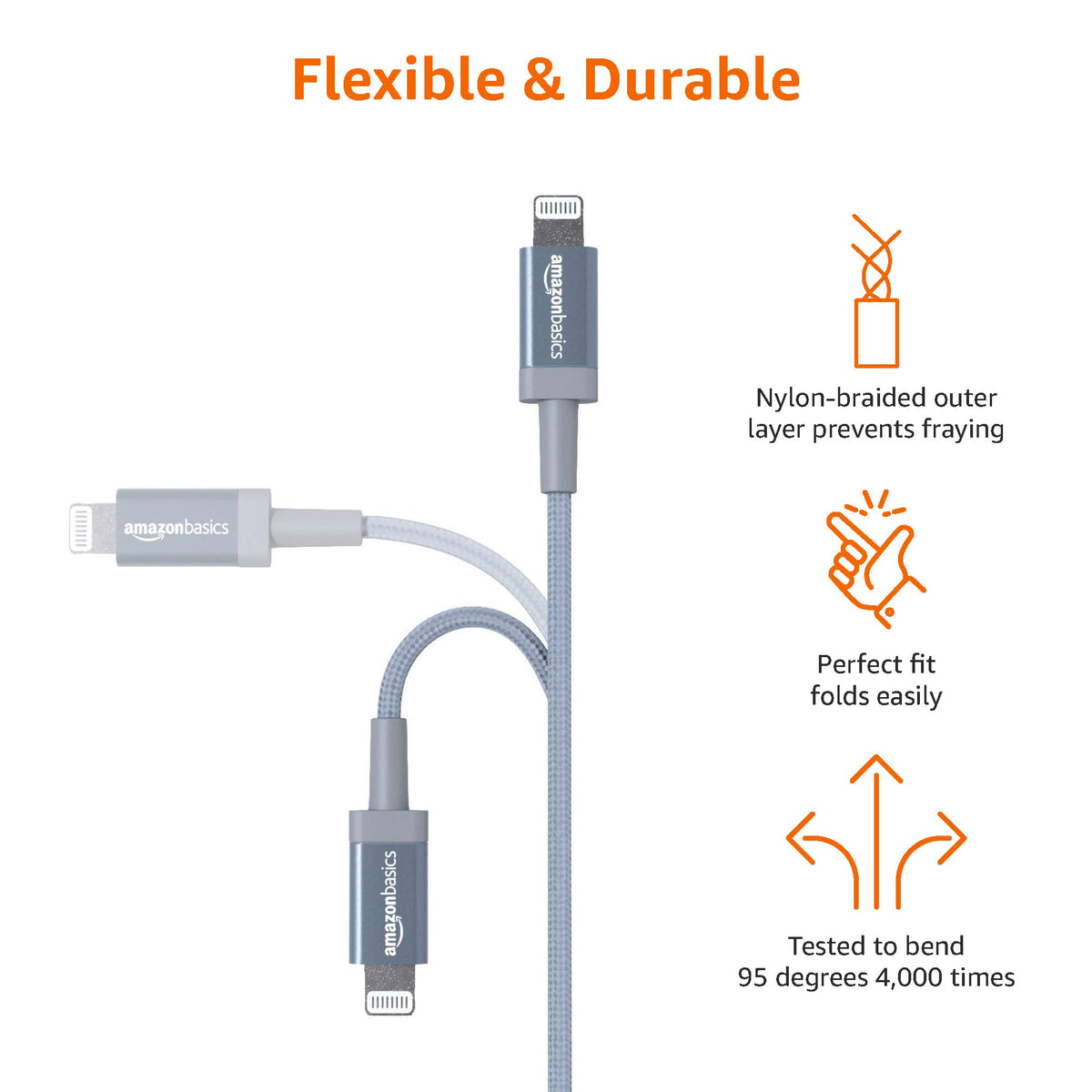 Amazon Basics USB to Lightning Cable, Nylon Braided Charger for iPhone 14 13 12 11 X iPad, 0.9 m, Silver