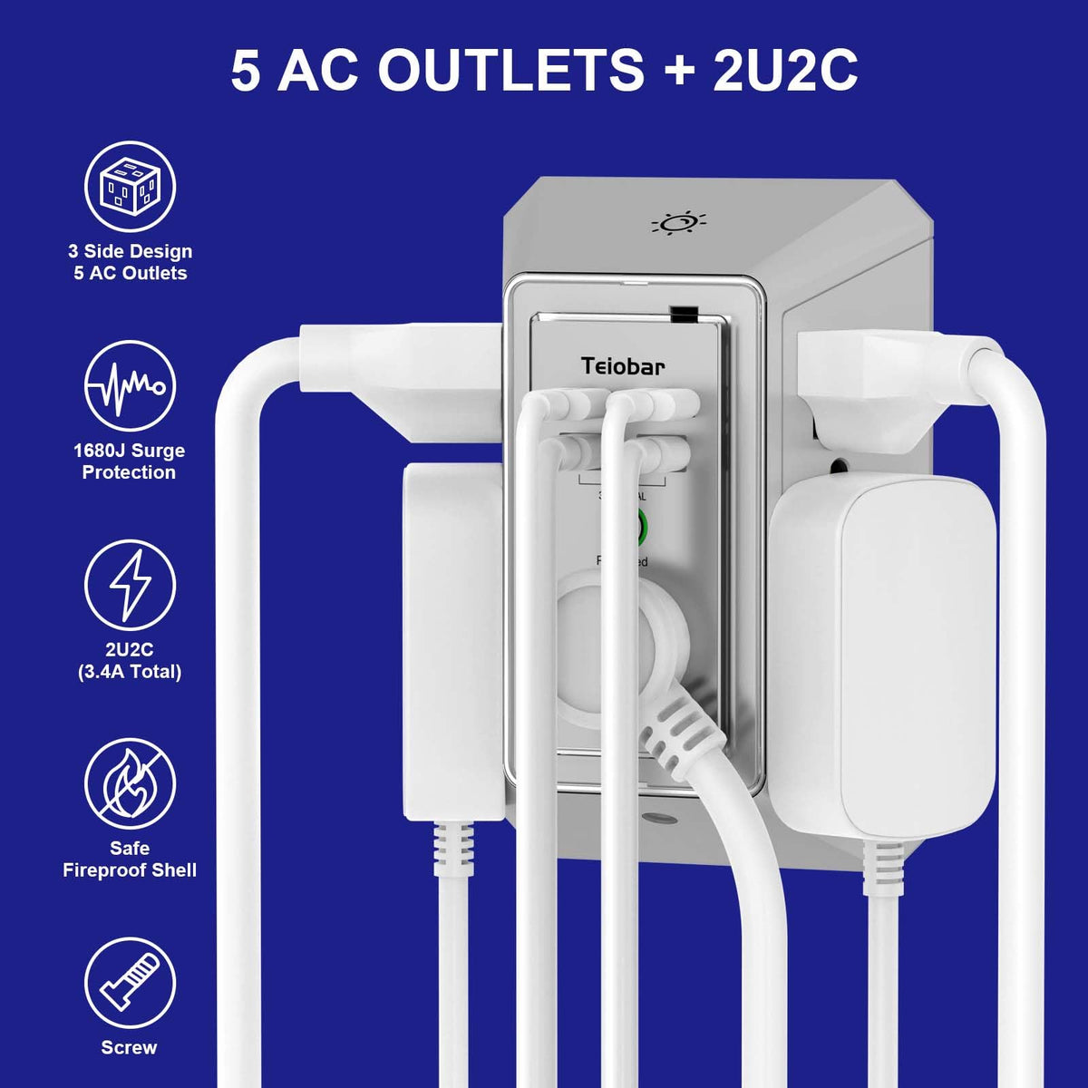 Multi Plug Wall Outlet Surge Protector with 6-Outlet & 4 USB Ports(2USB-C)