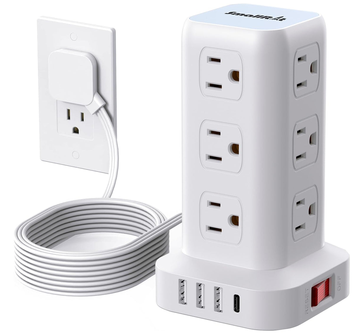 Extension Cord with Multiple Outlets, SMALLRT Power Strip Tower, PD 20W USB C, Outlet Extender with USB Ports 12 AC Outlets, 6.5FT Extension Cord for Home Office, Overload Protection