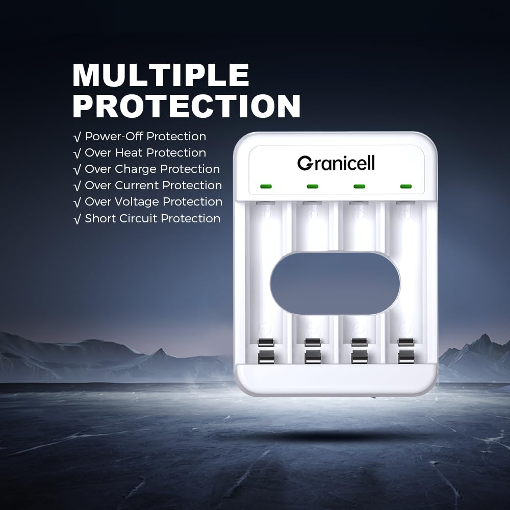 Granicell Rechargeable Batteries with Charger, 8-Bay Smart Charger, Individual Slots, 4 AA 2800mAh and 4 AAA 1100mAh Low Self-Discharge NiMH Batteries