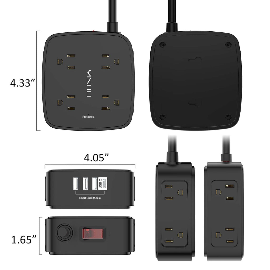 6 Ft Surge Protector Power Strip - YISHU 8 Widely Outlets with 4 USB Ports, 3 Side Outlet Extender with 6 Feet Flat Extension Cord, Ultra Flat Plug, Wall Mount, Desk USB Charging Station, ETL, Black