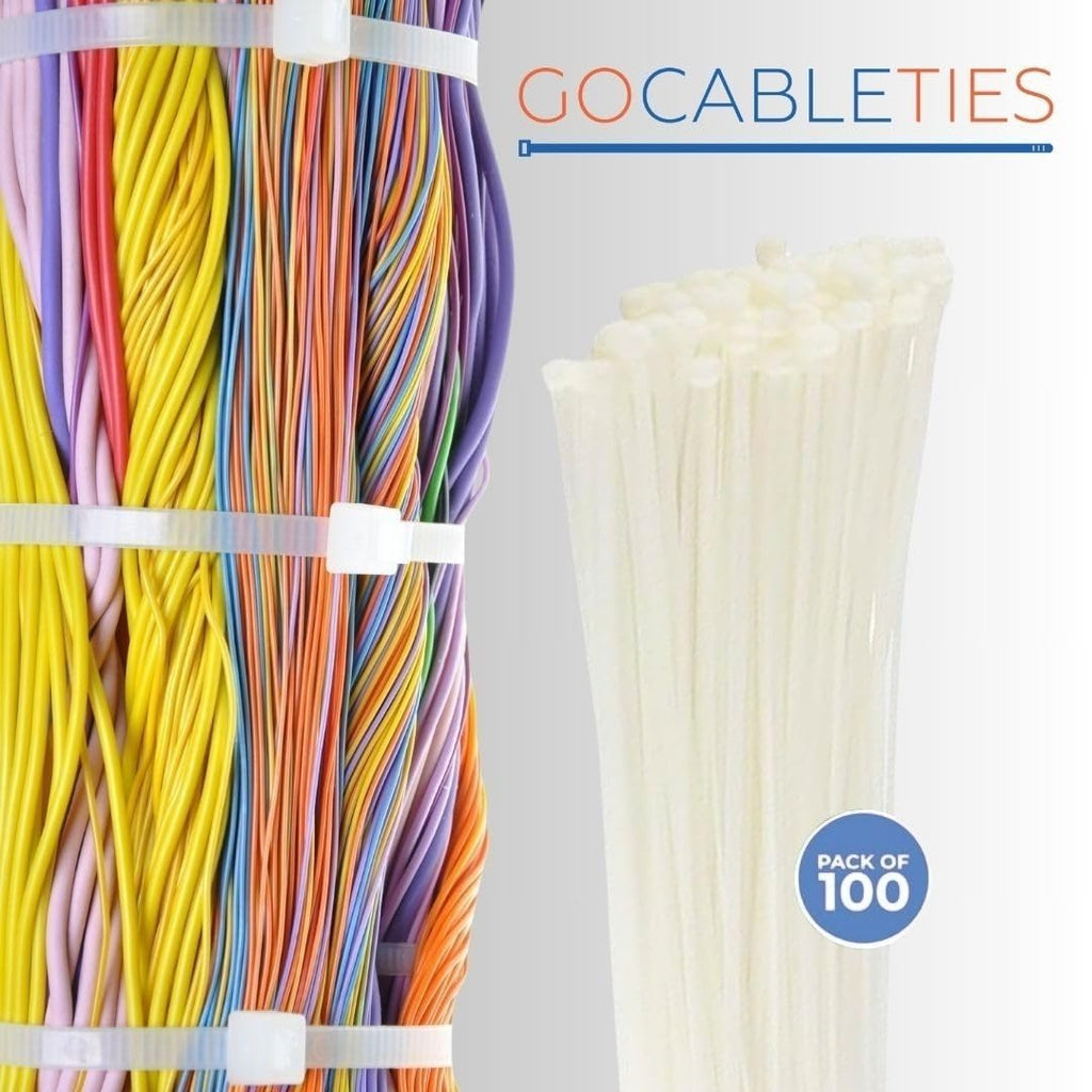 Gocableties White Cable Ties, 300mm x 3.6mm, Pack of 100, 12" Premium Nylon Zip Ties Clear/Natural, Multi-Purpose Plastic Tie Wraps, Secure Self-Locking Mechanism, for Home, Garden, Office and DIY