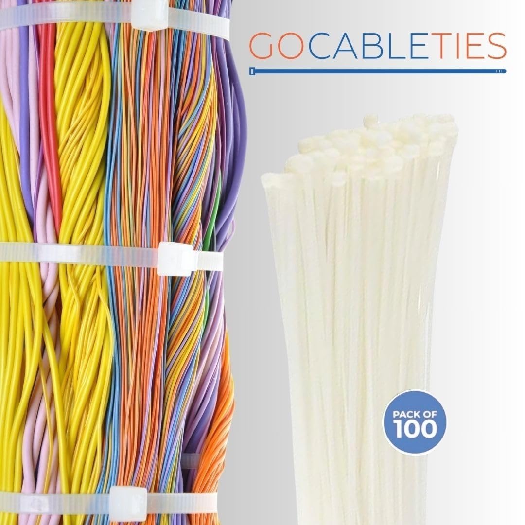 Gocableties White Cable Ties, 300mm x 3.6mm, Pack of 100, 12" Premium Nylon Zip Ties Clear/Natural, Multi-Purpose Plastic Tie Wraps, Secure Self-Locking Mechanism, for Home, Garden, Office and DIY
