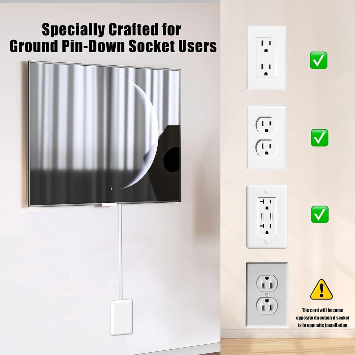 CABOCASA 3FT Flat Plug Extension Cord Power Strip 3 Outlets White Upward