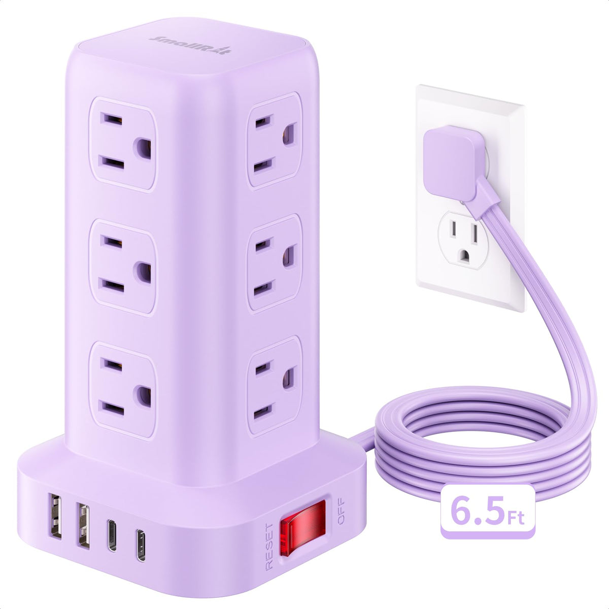 Extension Cord with Multiple Outlets, SMALLRT Power Strip Tower, PD 20W USB C, Outlet Extender with USB Ports 12 AC Outlets, 6.5FT Extension Cord for Home Office, Overload Protection