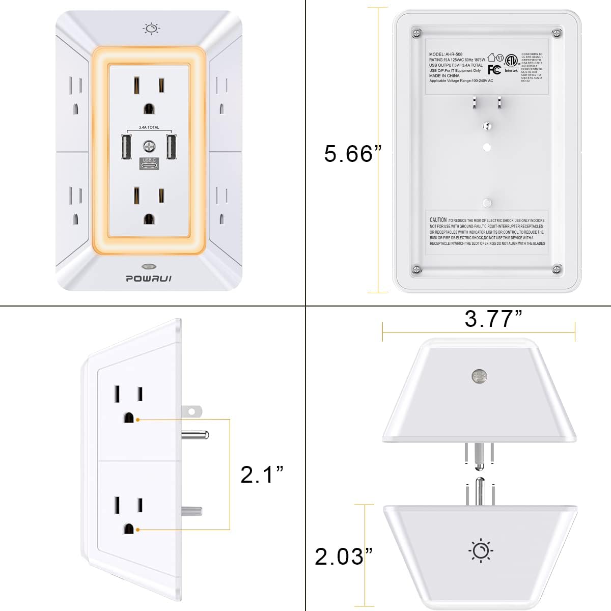 Multi Plug Wall Outlet Night Light, POWRUI 6 Outlet Extender & 3 USB Ports