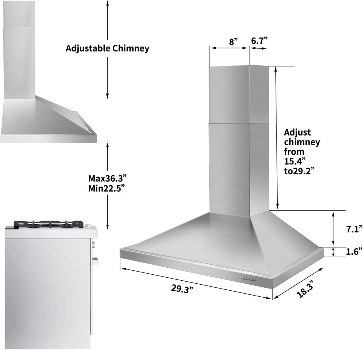 Tieasy Wall Mount Range Hood 30 inch with Ducted/Ductless Convertible Duct, Stainless Steel Chimney-Style Over Stove Vent Hood with LED Light, 3 Speed Exhaust Fan, 450 CFM