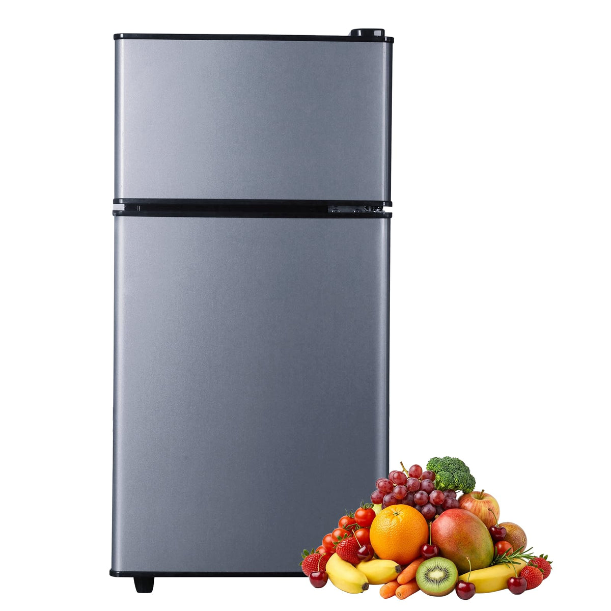 Cucina Magica Mini Fridge with Freezer, 3.2 cuft Small Refrigerator, 7 Adjustable Thermostat, Energy Saving, Low Noise, Double Door Compact Refrigerator for Dorm, Bedroom, Office - Silver