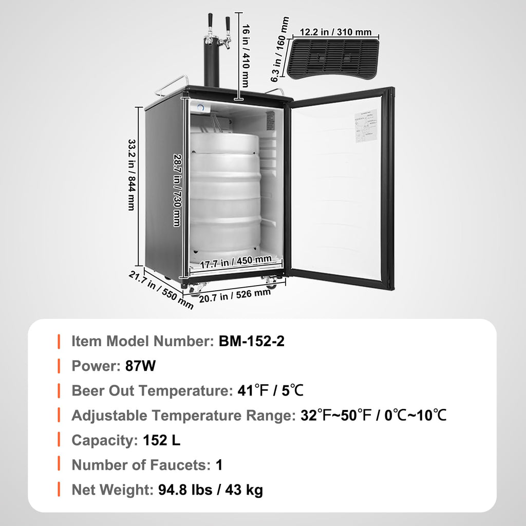 VEVOR Beer Kegerator, Single Tap Commercial Draft Beer Dispenser for D system, Full Size Keg Refrigerator with 5lbs CO2 Tank, Hold 2 Sixth / 2 Ball lock keg, Black