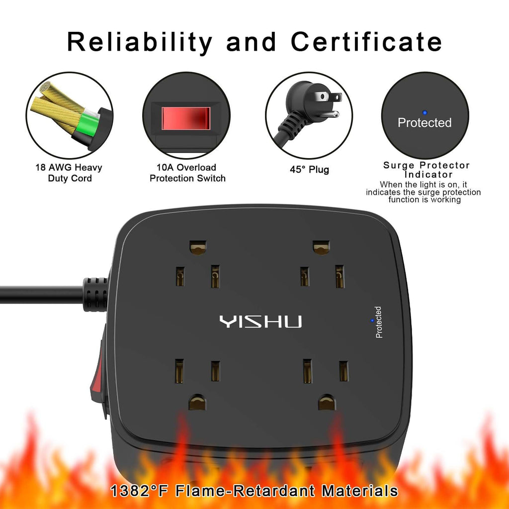 6 Ft Surge Protector Power Strip - YISHU 8 Widely Outlets with 4 USB Ports, 3 Side Outlet Extender with 6 Feet Flat Extension Cord, Ultra Flat Plug, Wall Mount, Desk USB Charging Station, ETL, Black