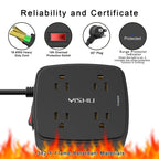 6 Ft Surge Protector Power Strip - YISHU 8 Widely Outlets with 4 USB Ports, 3 Side Outlet Extender with 6 Feet Flat Extension Cord, Ultra Flat Plug, Wall Mount, Desk USB Charging Station, ETL, Black