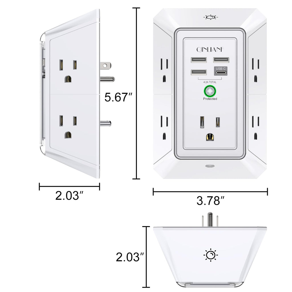 Surge Protector, QINLIANF 5 Outlet Extender with 4 USB Ports(2USB-C)