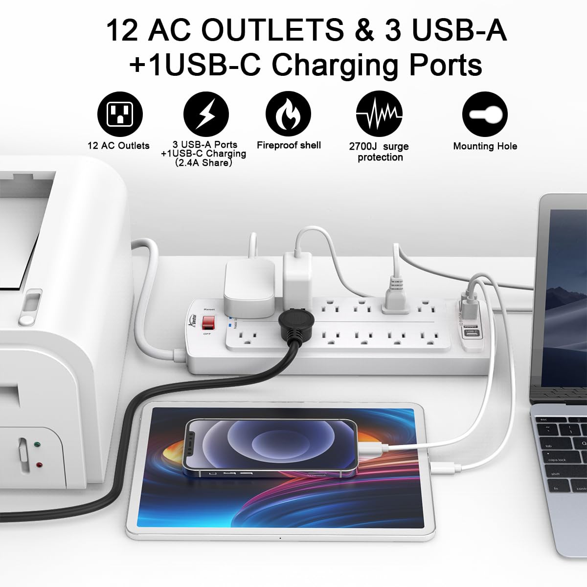 ALESTOR 6 Ft Surge Protector Power Strip with 12 Outlets and 4 USB Ports