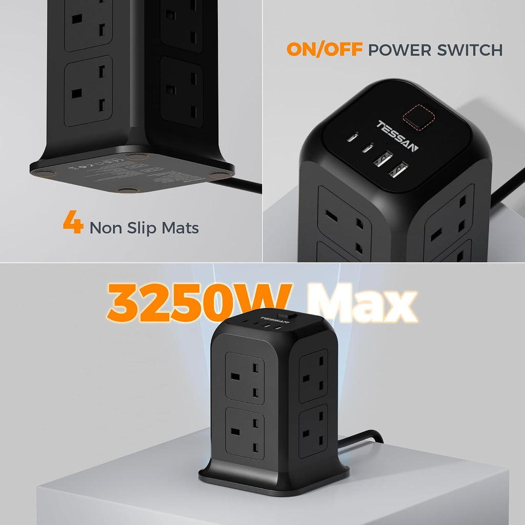 TESSAN 8 Way Black Tower Extension Lead 2M with 4 USB Slots (2 USB C)