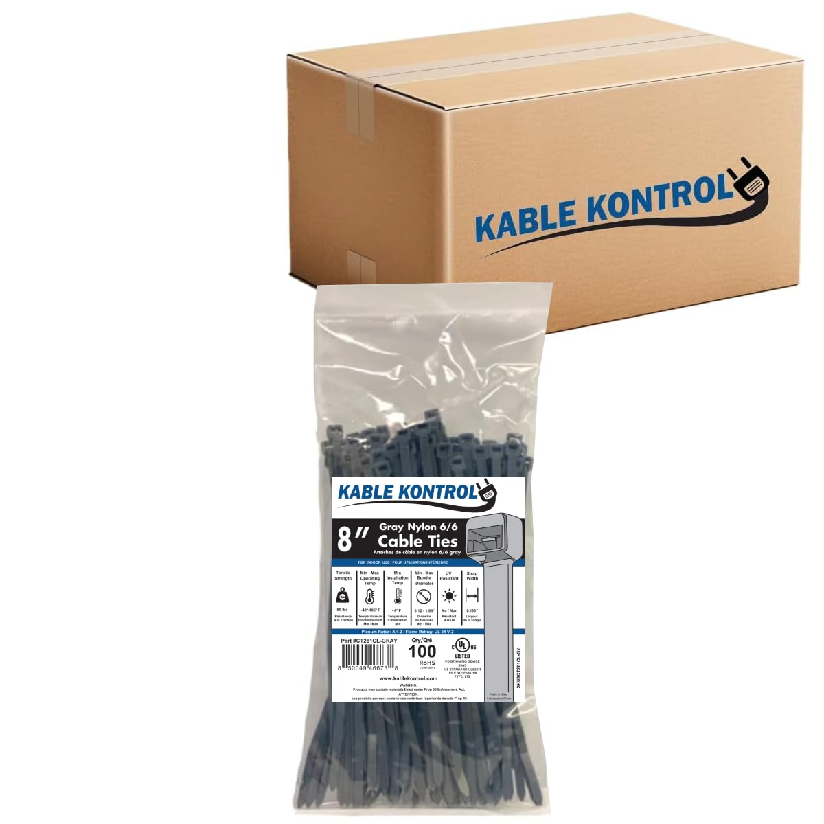 Kable Kontrol Cable Zip Ties, 4 Inch, 100 Pcs, 18lbs Test, Gray