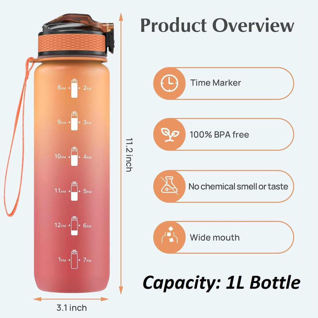EYQ 1L Water Bottle, 1 Litre Water Bottle with Straw, 32oz Leak-Proof Motivational Sports Drinks Bottle with Time Marker, Tritan BPA-Free, Drinking Waterbottles for Gym Outdoor Sports