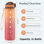EYQ 1L Water Bottle, 1 Litre Water Bottle with Straw, 32oz Leak-Proof Motivational Sports Drinks Bottle with Time Marker, Tritan BPA-Free, Drinking Waterbottles for Gym Outdoor Sports