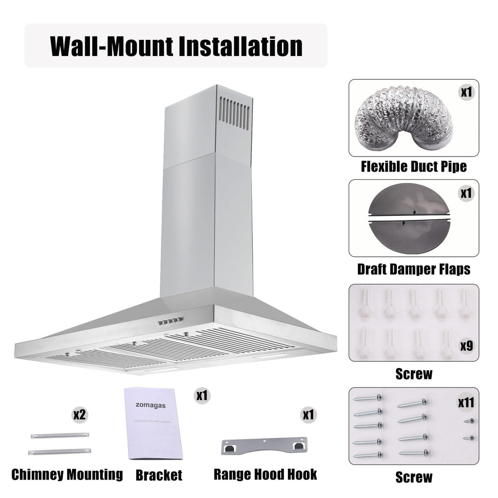 Wall Mount Range Hood 30 inch, 900 CFM Stainless Steel Kitchen Hood