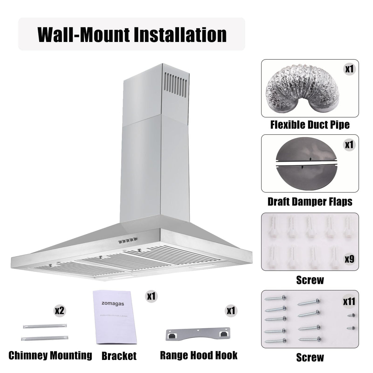 Wall Mount Range Hood 30 inch, 900 CFM Stainless Steel Kitchen Hood