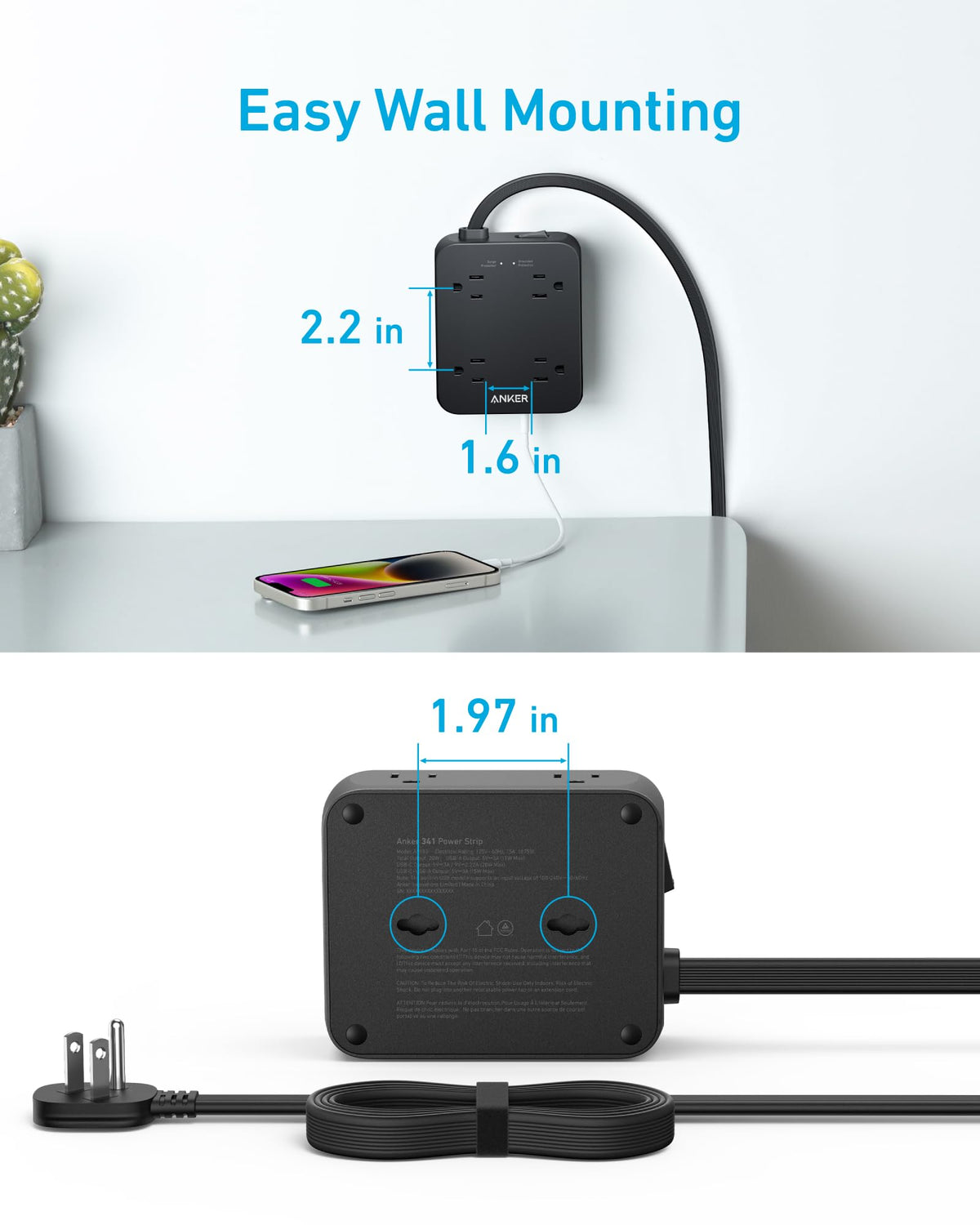 Anker Power Strip with 2000J Surge Protector, 10ft Outlet Extender, 20W 8AC