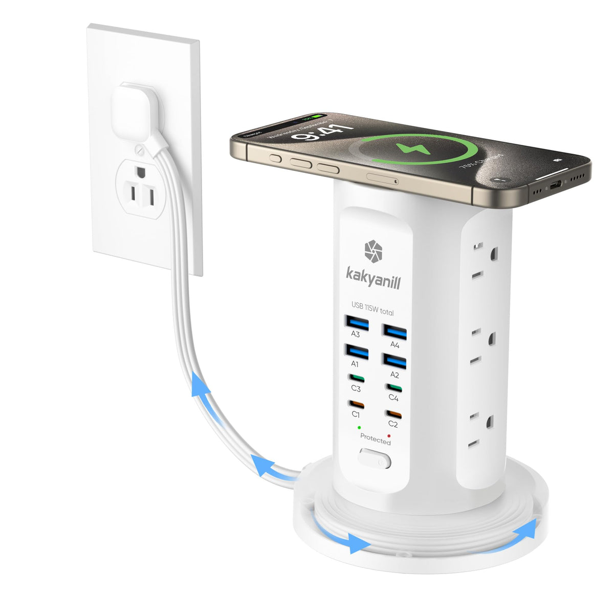 Power Strip Tower, kakyanill PD 65W Charging Station 9 AC Outlets 8 USB