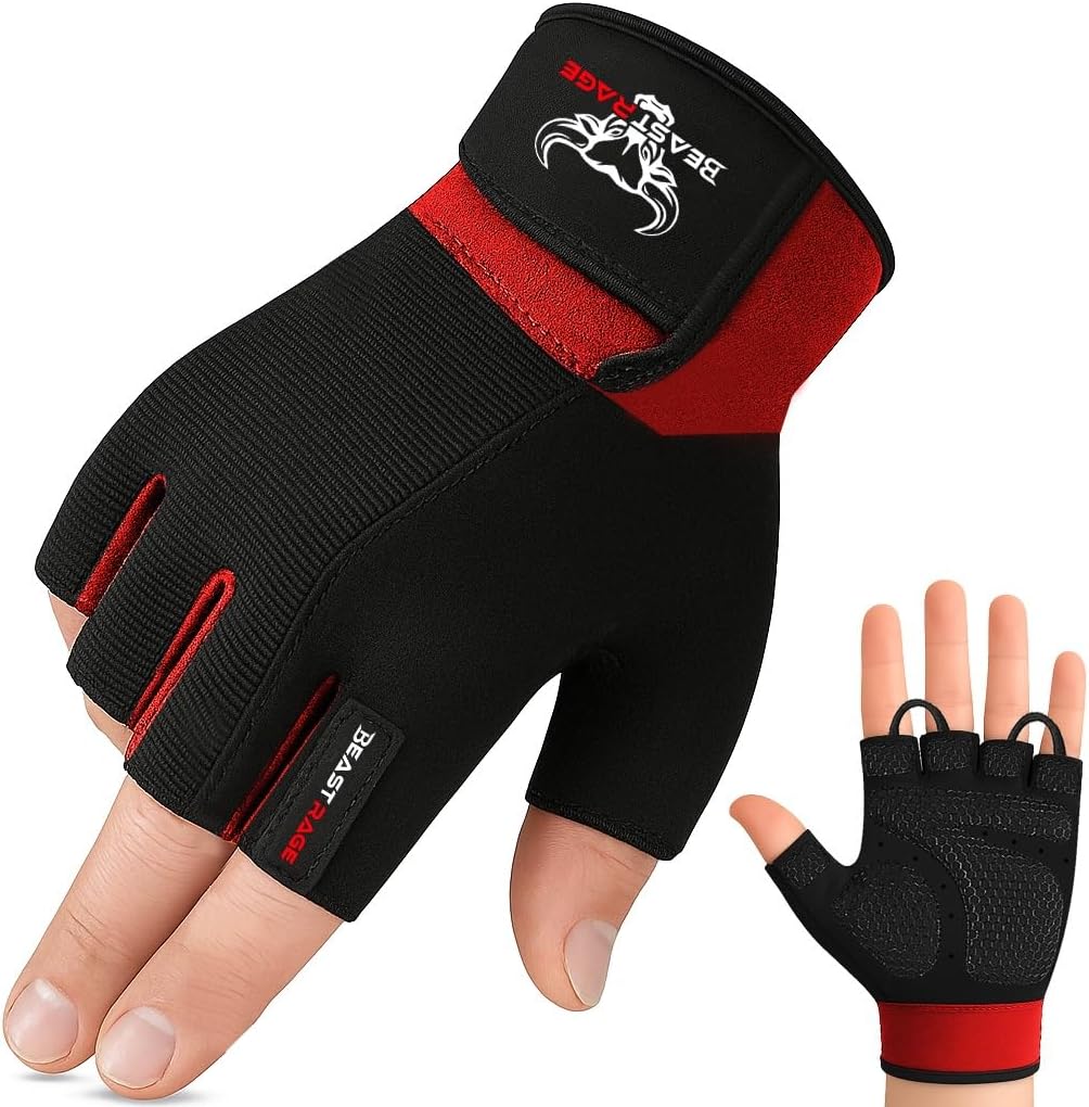 BEAST RAGE Gym Gloves Weight lifting Gloves Training Anti Slip Padded Palm Half Finger Powerlifting Workout Exercise Gloves for Men and Women