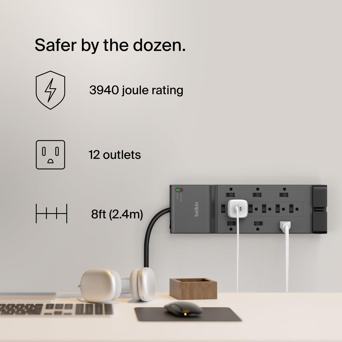 Belkin 12-Outlet Surge Protector Power Strip, 3780J, 8ft Cord, 3 Pack - Material - Color