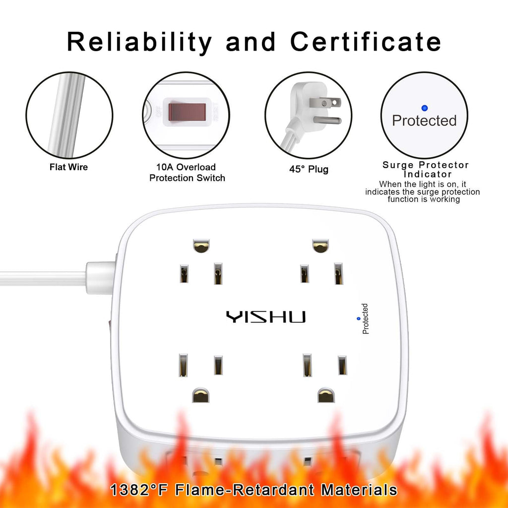 6 Ft Surge Protector Power Strip - YISHU 8 Widely Outlets with 4 USB Ports, 3 Side Outlet Extender with 6 Feet Flat Extension Cord, Ultra Flat Plug, Wall Mount, Desk USB Charging Station, ETL, Black