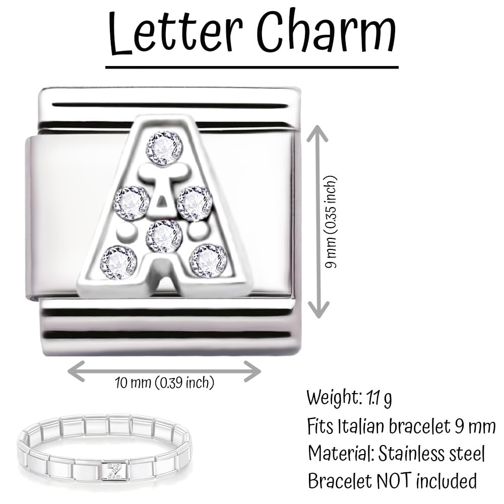 A-Z Letter Cubic Zirconia Italian Charm Links for 9mm Bracelets