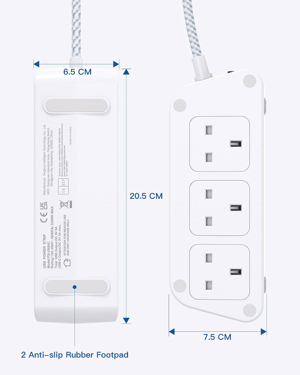 Extension Lead with USB Slots, 6 Way Outlets 5 USB (5A, 3 USB- C Port),1.6M
