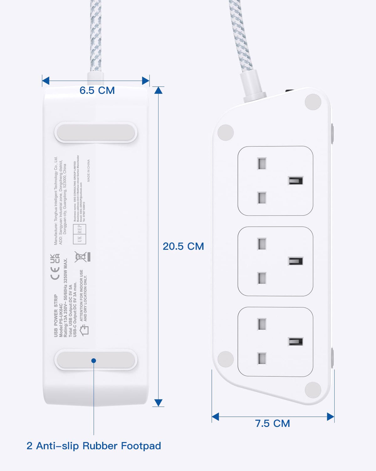 Extension Lead with USB Slots, 6 Way Outlets 5 USB (5A, 3 USB- C Port),1.6M