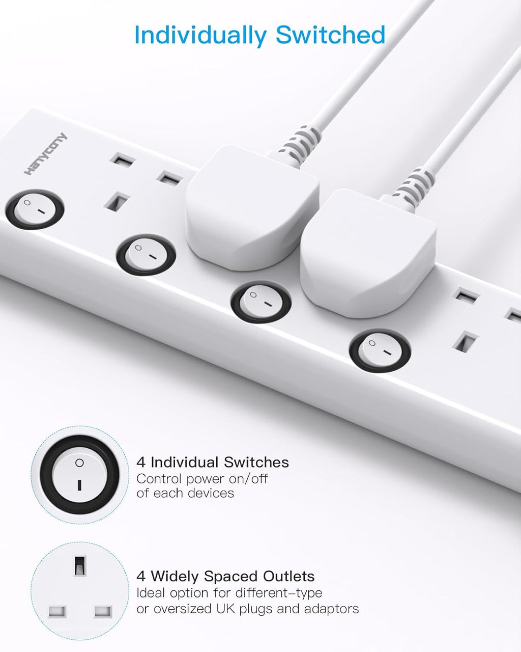 Extension Lead with USB Slots(2 USB C), 4 Way Plug Extension Socket, 1.8M