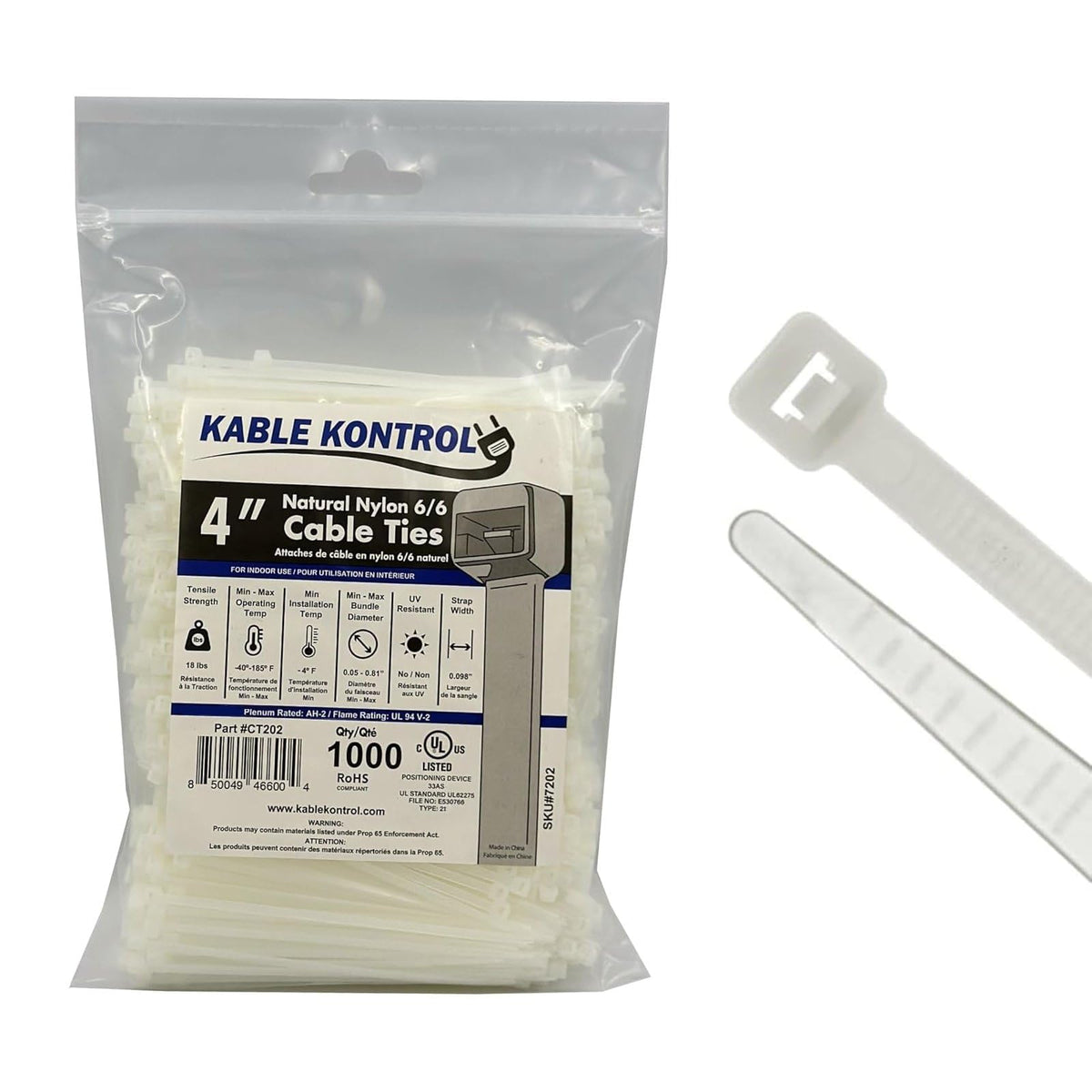 Kable Kontrol Cable Zip Ties, 4 Inch, 100 Pcs, 18lbs Test, Gray