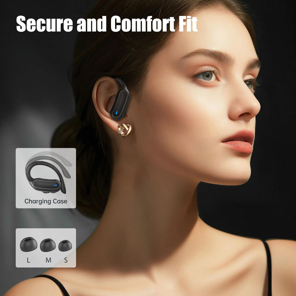 Wireless Earbuds Bluetooth Headphones, 54H Playtime Stereo Over Ear Buds with ENC Noise Cancelling, LED Power Display, IPX7 Waterproof Sport Earphones with Earhooks for Running/Workouts (Black)