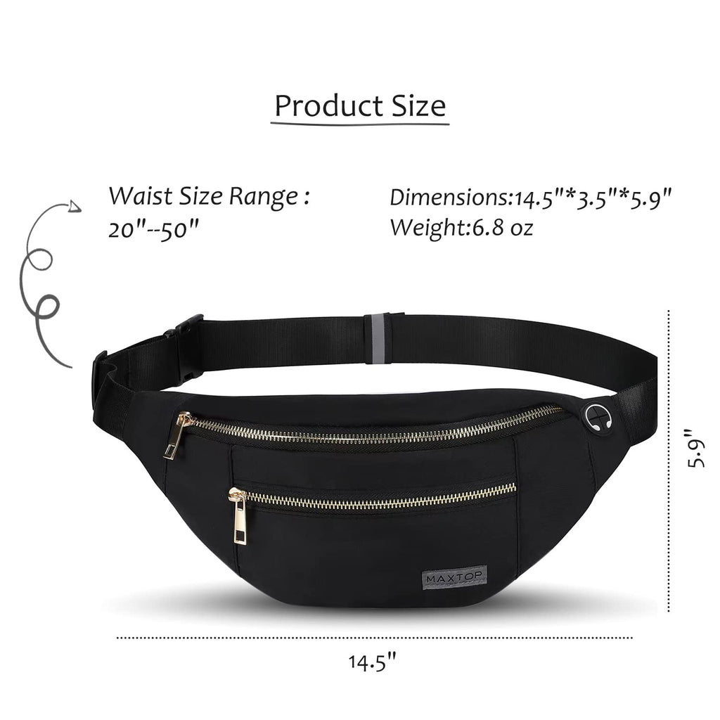 MAXTOP Large Bumbag Waist Fanny Pack Running Belt for Men Women Unisex Bum Bag with Headphone Jack and 4-Zipper Pockets Adjustable Belt for Travel Running Jogging Workout Hiking Gifts All Black