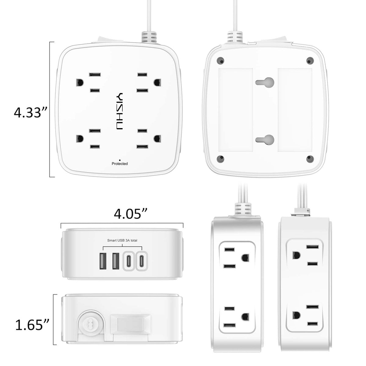 6 Ft Surge Protector Power Strip - YISHU 8 Widely Outlets with 4 USB Ports, 3 Side Outlet Extender with 6 Feet Flat Extension Cord, Ultra Flat Plug, Wall Mount, Desk USB Charging Station, ETL, Black