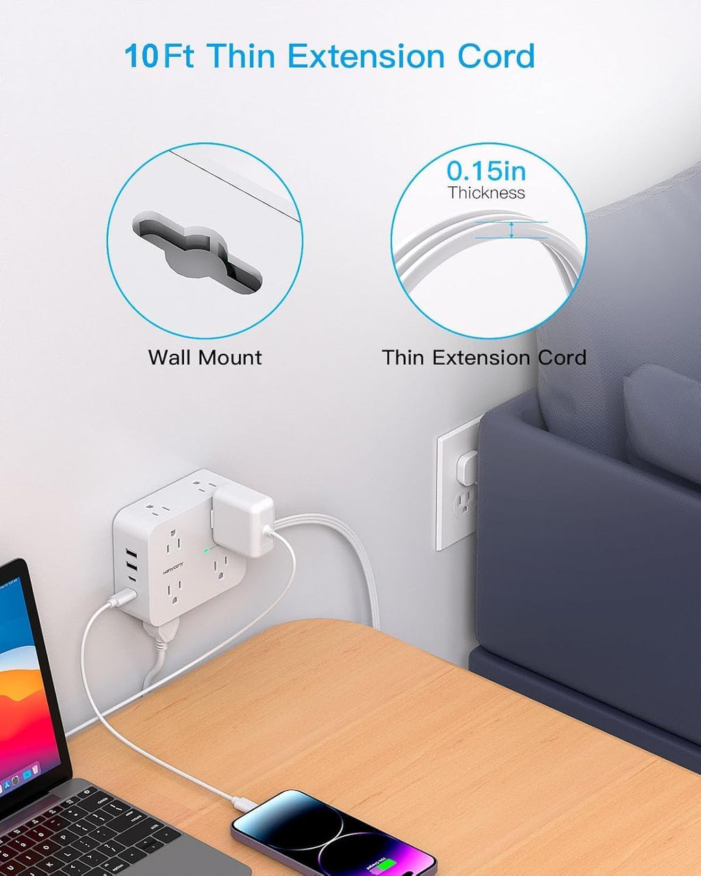 Extension Cord 10 Ft, Ultra Thin Flat Plug Power Strip Surge Protector