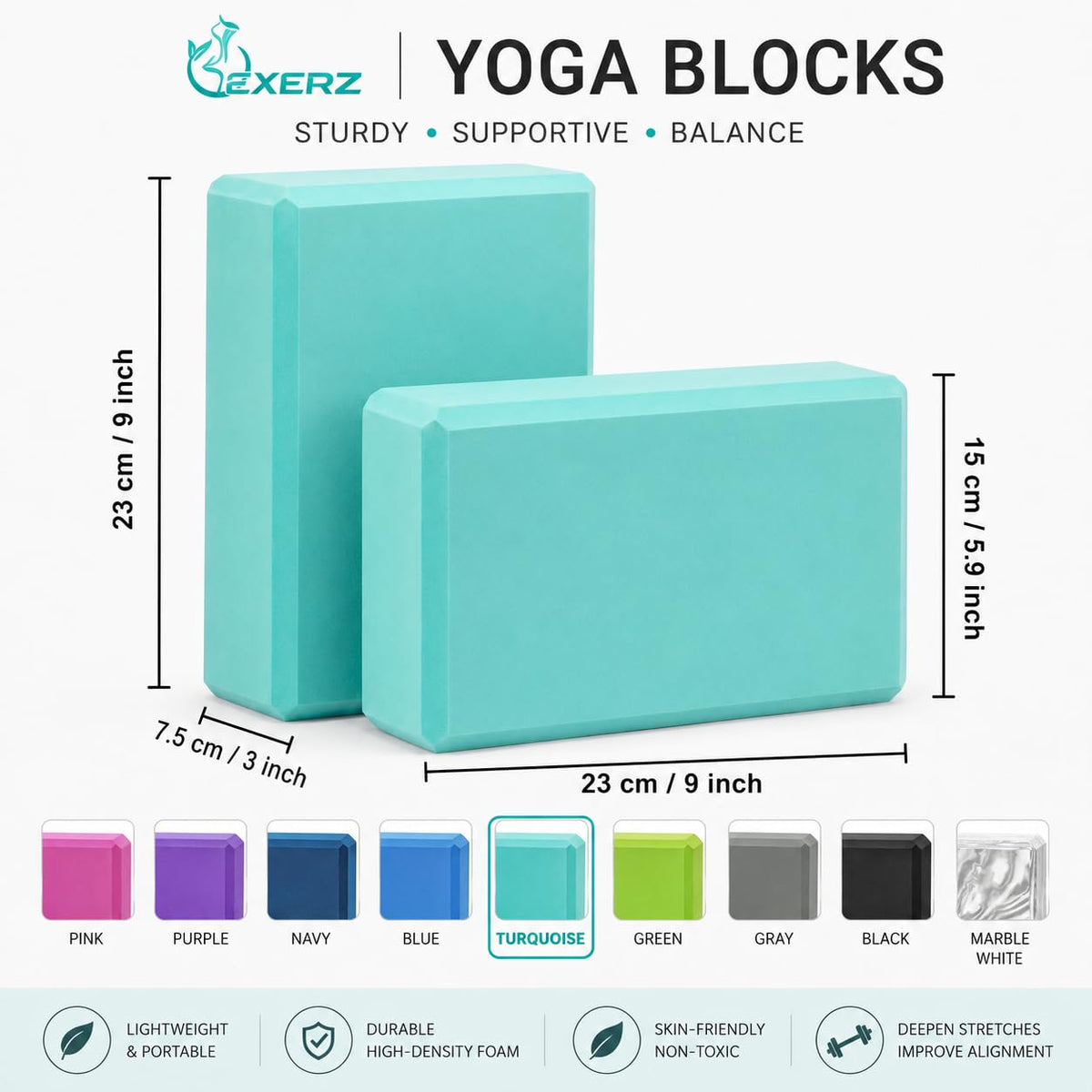 EXERZ Yoga Blocks 2pcs Gym Bricks -Comfortable Fitness Yoga Bricks, Anti-Slip, Lightweight and Travel Friendly Pilates Practice