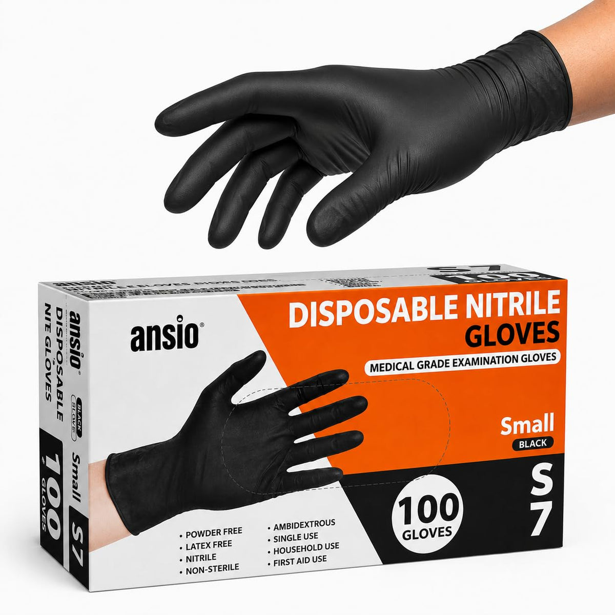ANSIO Black Nitrile Latex Free Disposable Gloves Small, 100 Pack