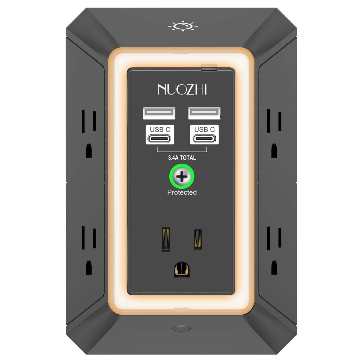 Multi Plug Outlet Surge Protector, NUOZHI 5 Outlets and 4 USB Ports(2 USB-C) and Night Light, 3-Sided Power Strip with Adapter Spaced Outlets for Home, Office, Travel, ETL Listed, White