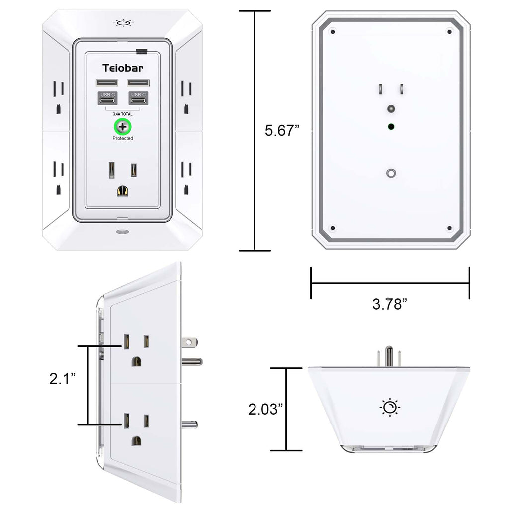 Multi Plug Wall Outlet Surge Protector with 6-Outlet & 4 USB Ports(2USB-C)