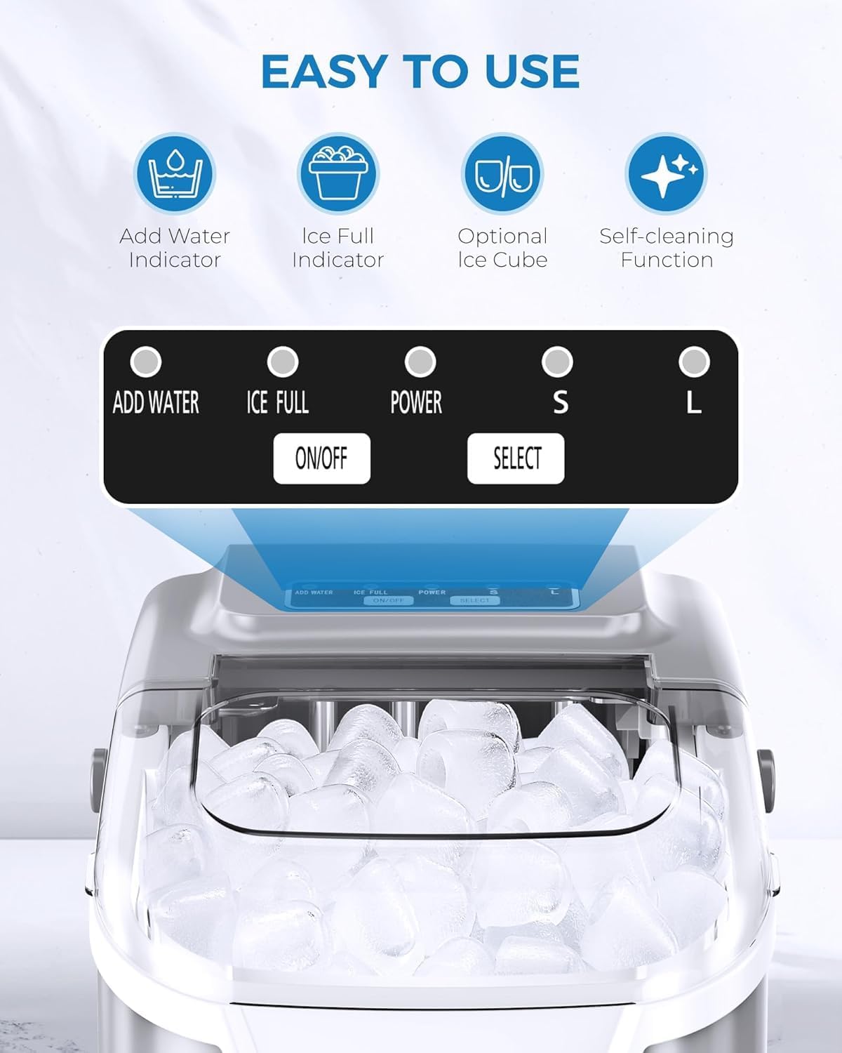 Electactic Portable Ice Maker Countertop,8 Bullet Ice in 6 Mins,2 Ice Size