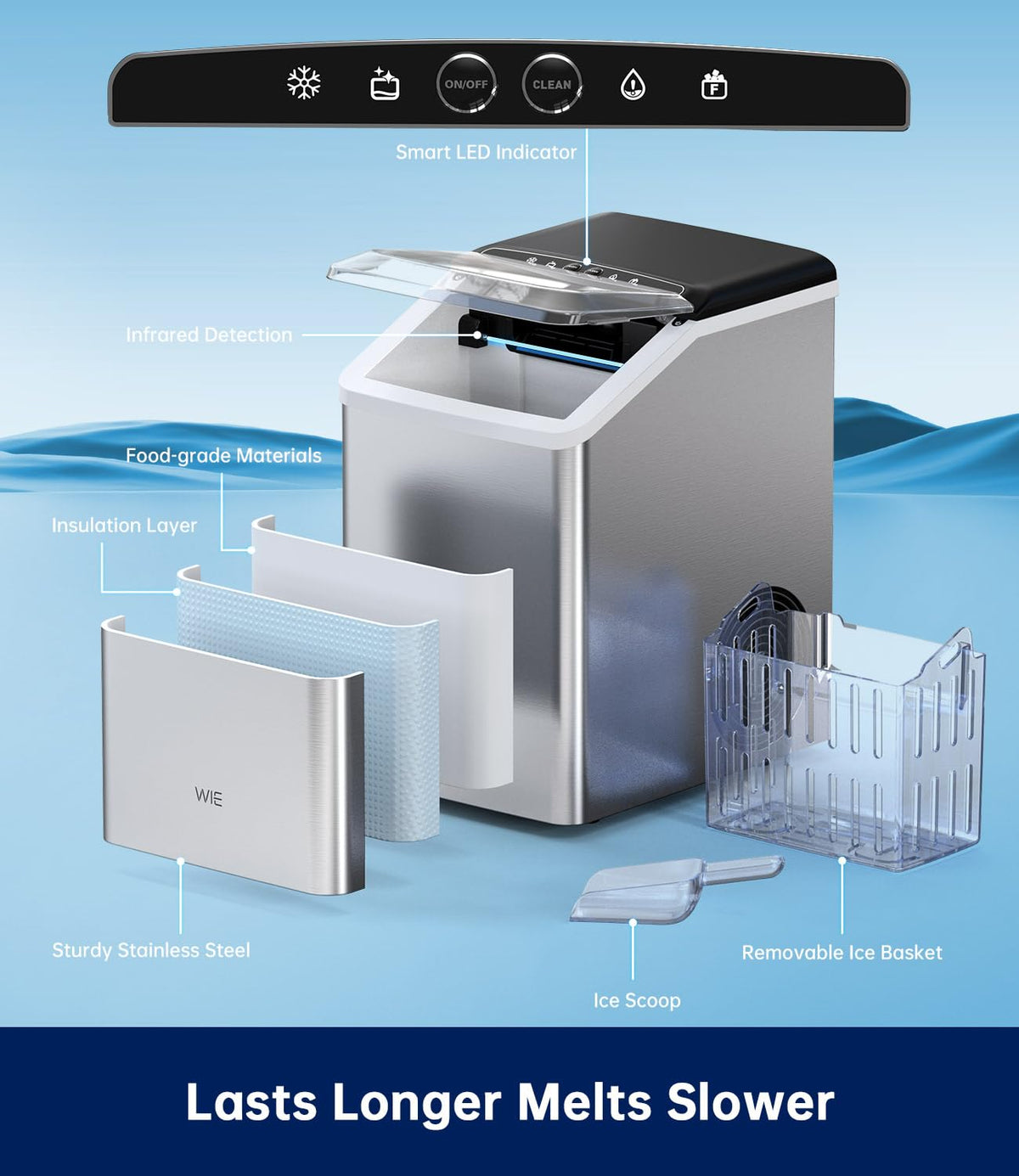 WIE Nugget Ice Maker Countertop, Sonic-Style Chewable Nugget Ice, 40lbs/Day, Fast Ice Making, Quiet Operation, Self-Cleaning Ice Maker Machine, Compact Ice Machine for Home Kitchen Party