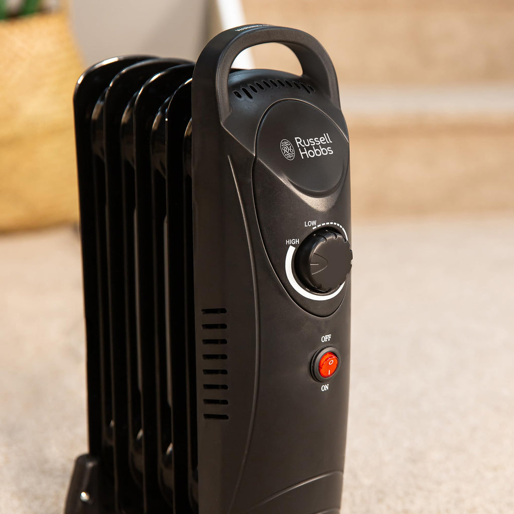 Russell Hobbs 2000W/2KW Oil Filled Radiator, 9 Fin Portable Electric Heater - White, Adjustable Thermostat with 3 Heat Settings, Safety Cut-off, 20 m sq Room Size, RHOFR5002, 2 Year Guarantee