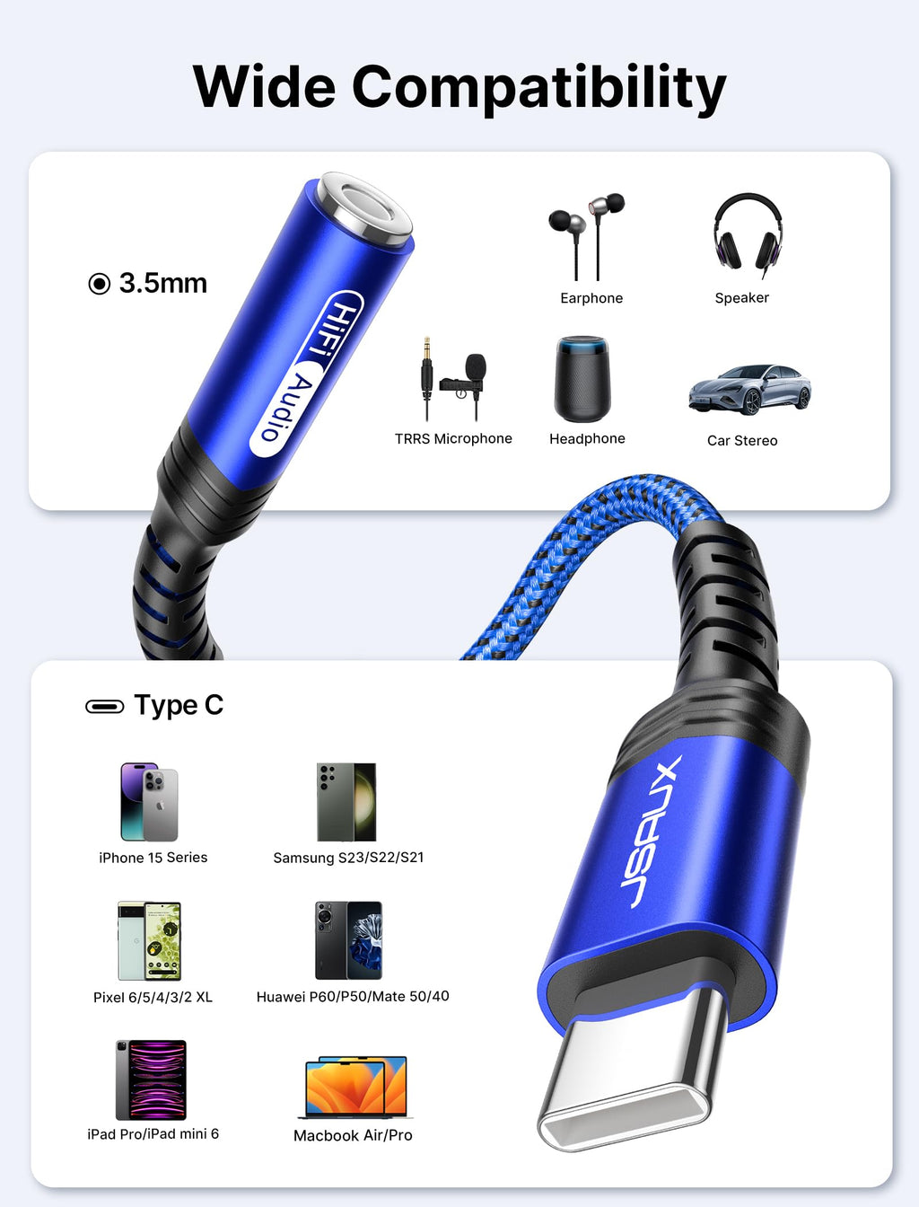 JSAUX 2-Pack USB C to 3.5mm AUX Audio Adapter for iPhone 17, Galaxy S25