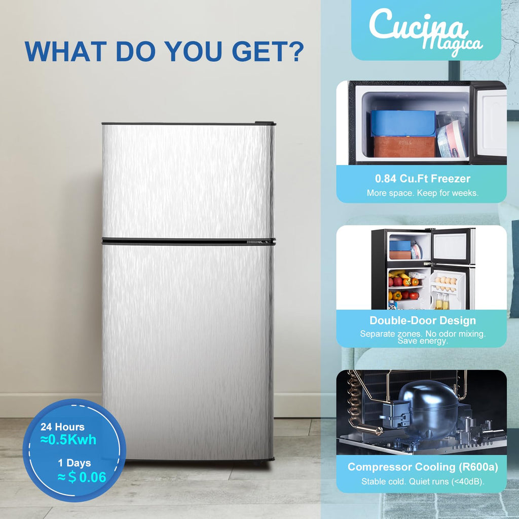 3.2 Cu.Ft Mini Fridge with Freezer, 7-Level Cooling Small Refrigerator
