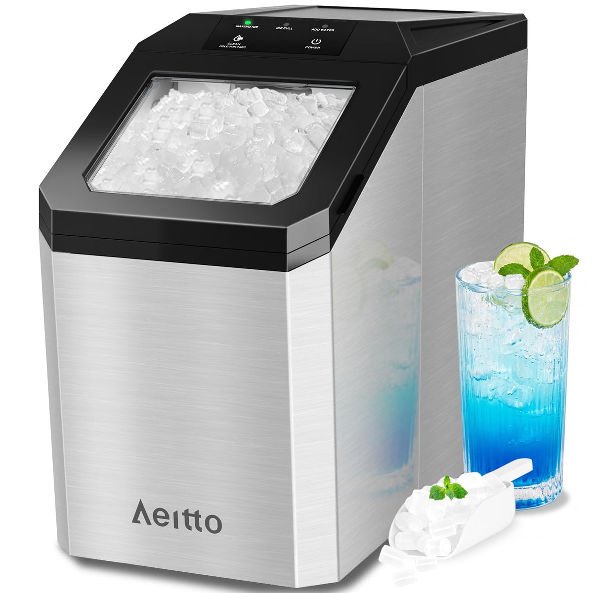 Aeitto Nugget Ice Maker Countertop, 55lbs/Day, Rapid Ice Release in 5 Mins, Large Capacity Chewable Ice Maker, Self-Cleaning with Stainless Steel Housing Ice Machine for Home Office and Party, Black