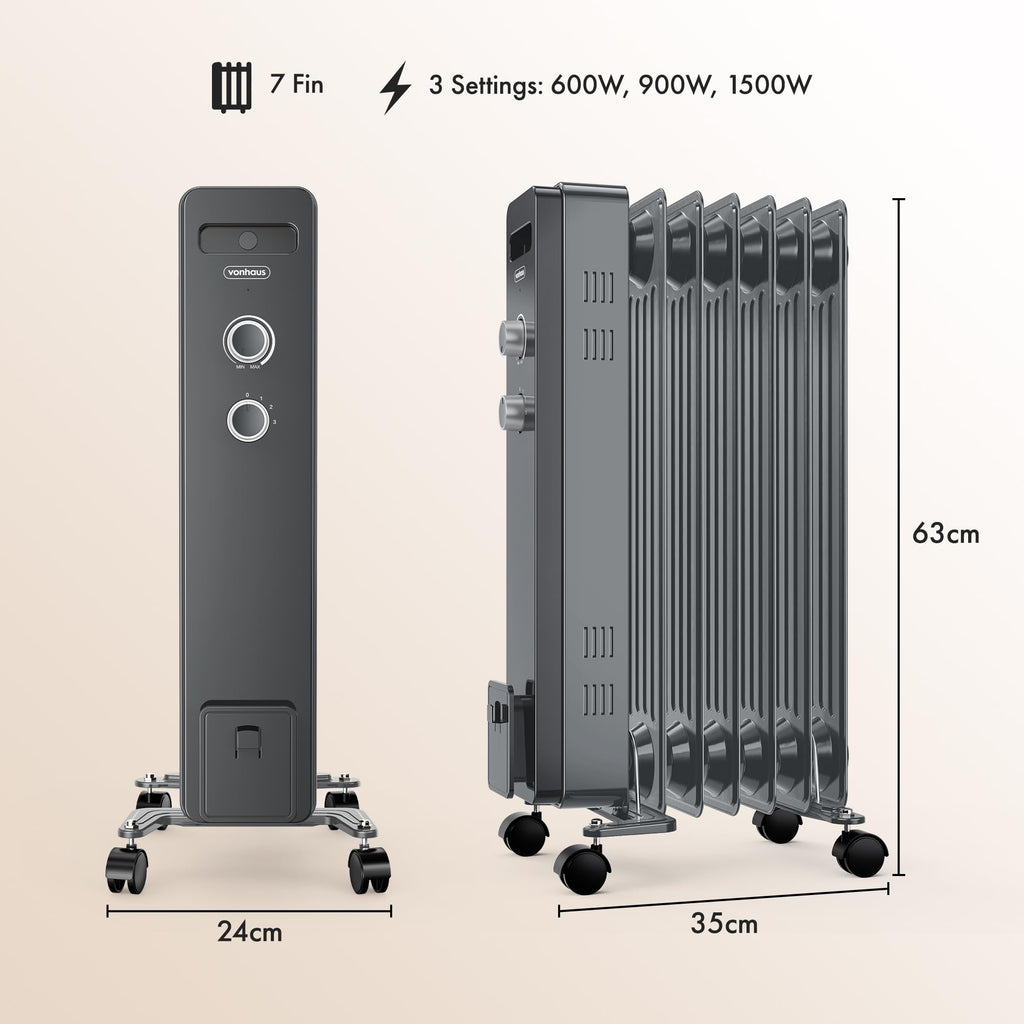 VonHaus Oil Filled Radiator 11 Fins – 2500W, 3 Heat Settings, 24 Hour Timer